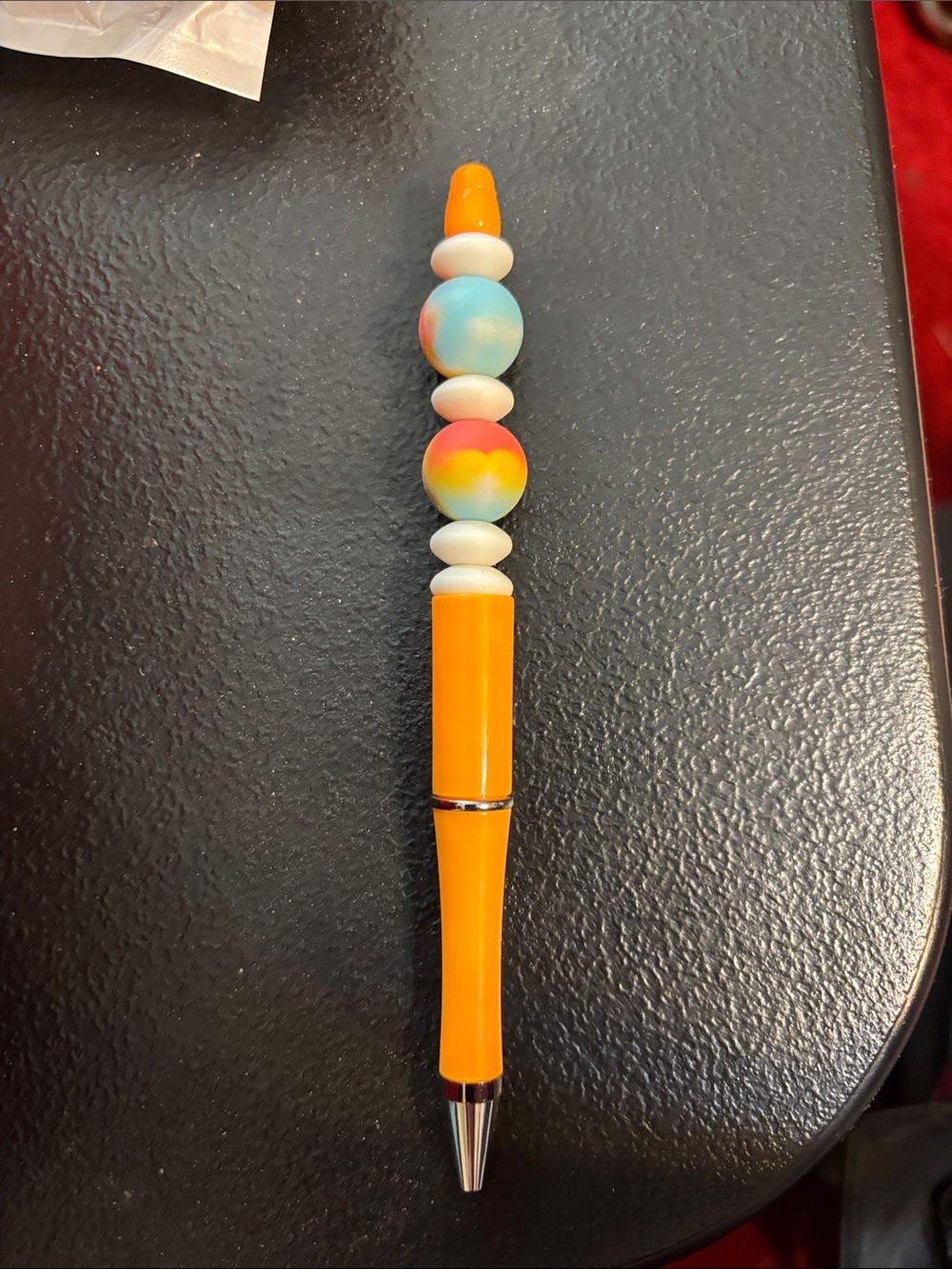 Orange Beaded  Pen with Rainbow Beads